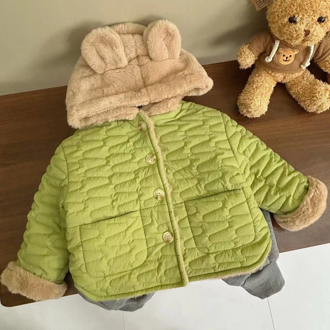 冬日新款儿童童装宝宝加绒加绒加厚冬季棉服韩版保暖连帽时尚洋气