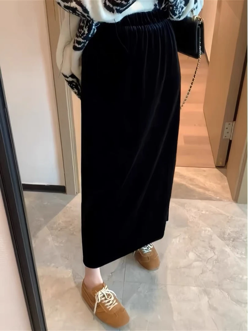 秋冬高腰不倒绒A字裙开叉设计显瘦半身裙