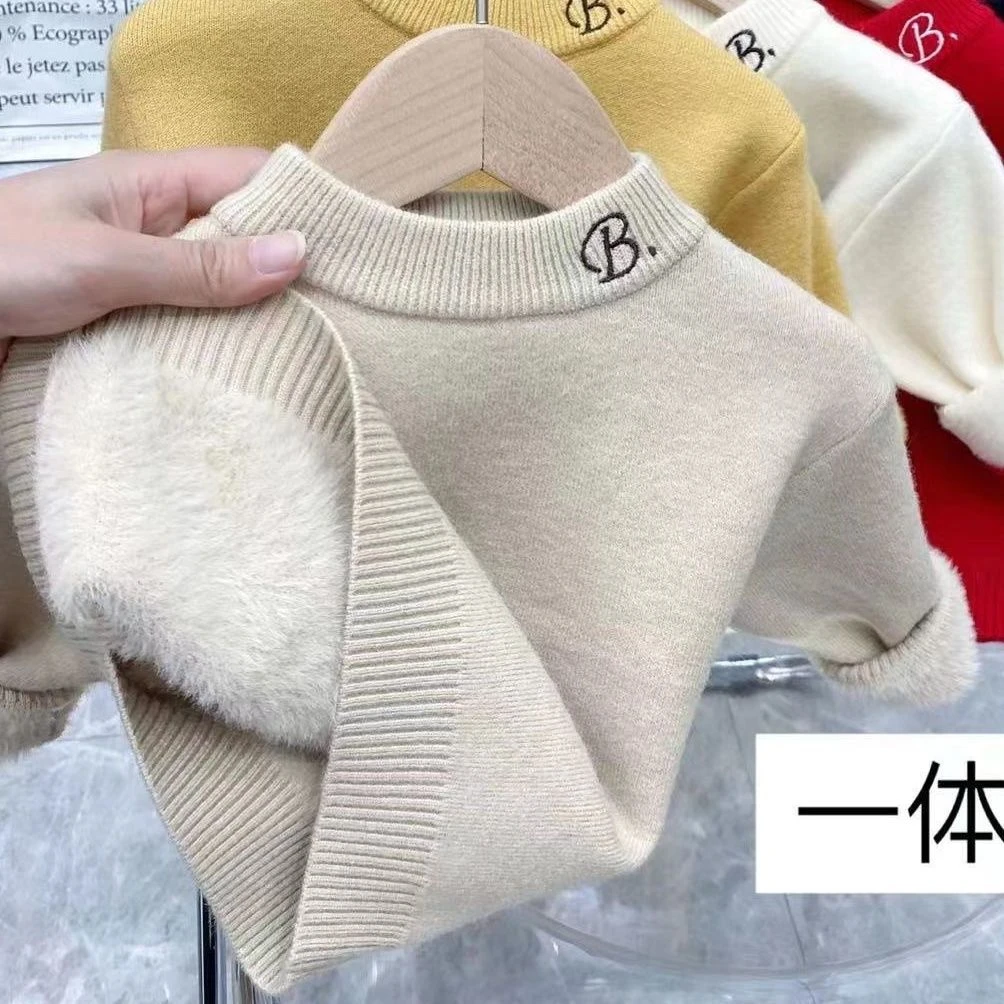 儿童毛衣加绒男童女童一体绒毛衣加厚半高领新款洋气百搭针织毛衣