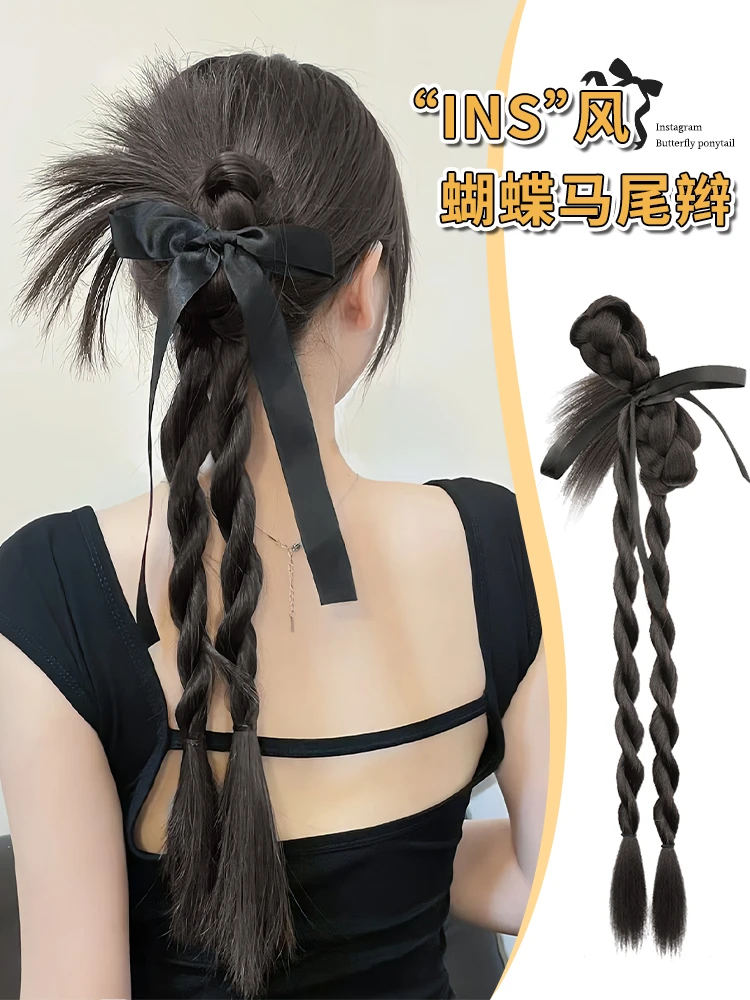假发辫子仿真发ins风蝴蝶结麻花扭扭辫自然高低扎甜酷马尾假发辫