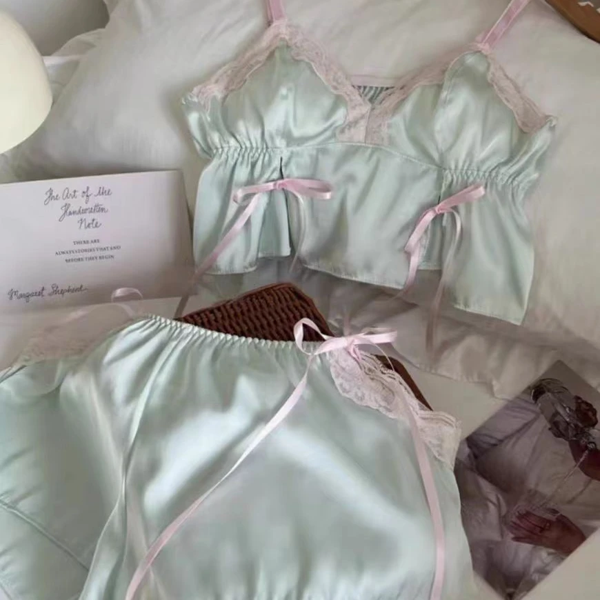 惹爱纯欲风蕾丝边带胸垫睡衣女秋季性感吊带短裤家居服套装女爆款