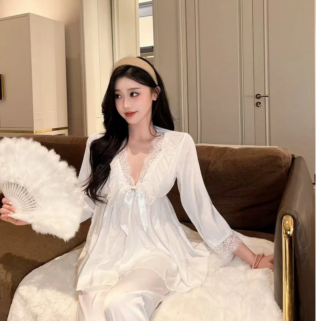 2024年新款纯色V领性感气质蕾丝睡衣外穿9分袖家居服