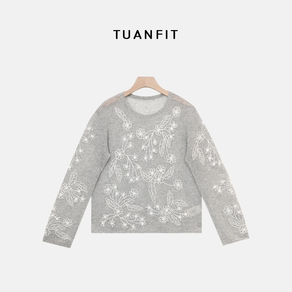 【TuanFit】灰色重工立体钩花刺绣毛衣慵懒松弛感百搭上衣TT243A156