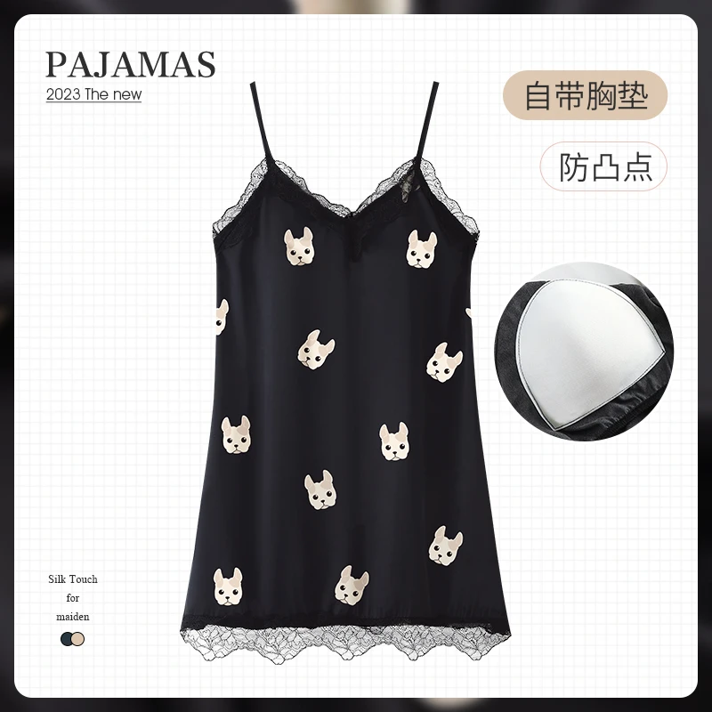 白鹿同款性感睡裙吊带裙冰丝睡衣女夏薄款带胸垫仿真丝春秋家居服