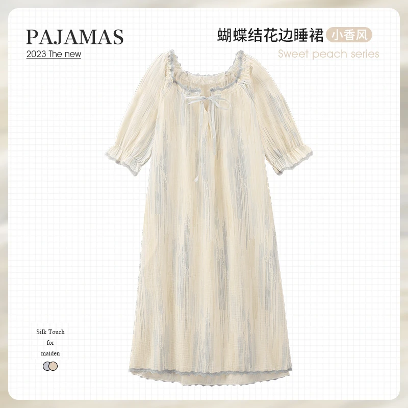 双层纱布棉纱睡裙女春夏季纯棉麻短袖春秋款宽松大码孕妇哺乳睡衣