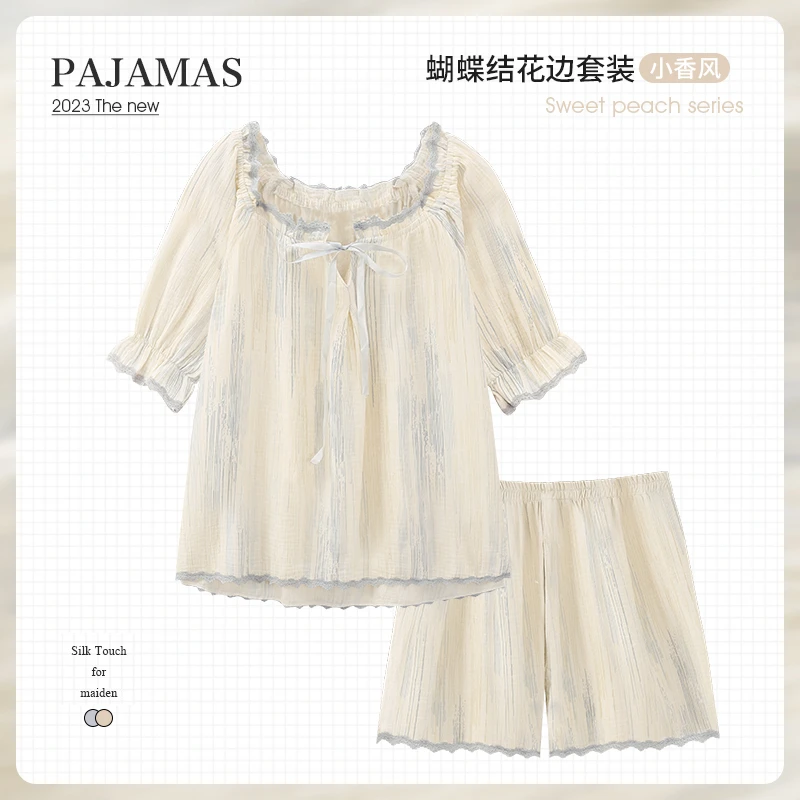 双层纱布棉纱睡衣女春夏季纯棉麻短袖泡泡纱婴儿纱宽松大码家居服