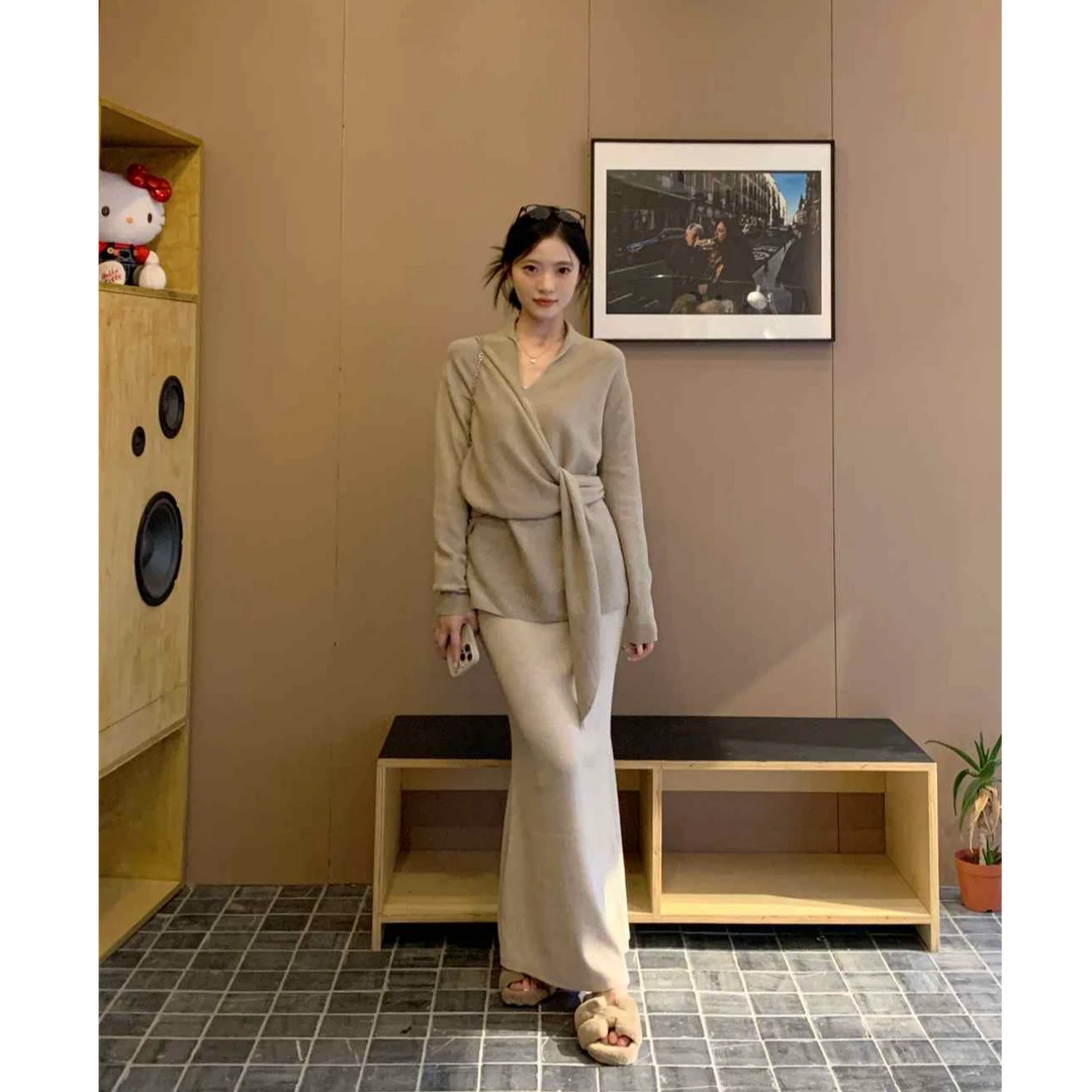 【欧阳喜OYANXI】冬日摩卡慵懒风设计感绑带时尚套装花花258M036