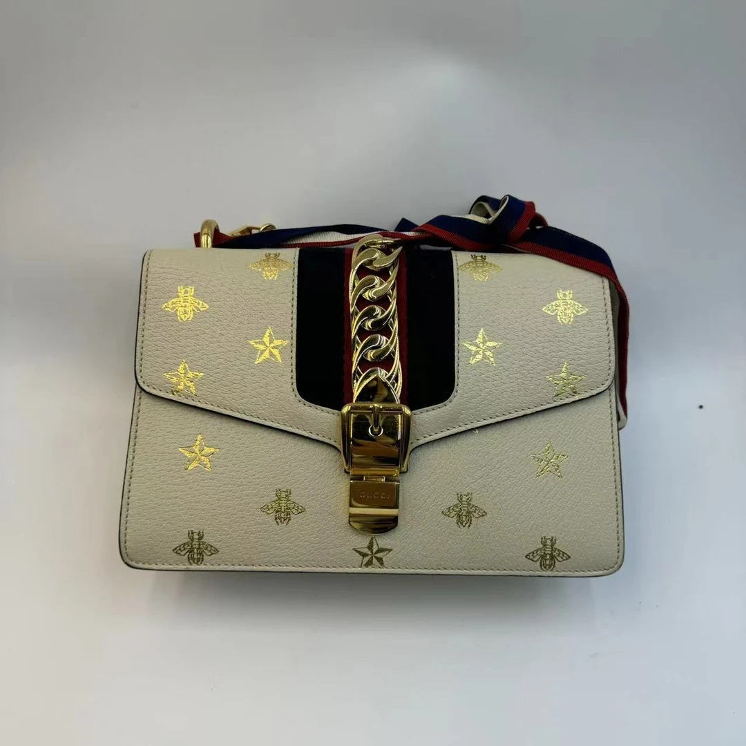 95新 GUCCI/古驰 烫金蜜蜂塞尔维亚双肩带单肩包/香菜奢品/经典