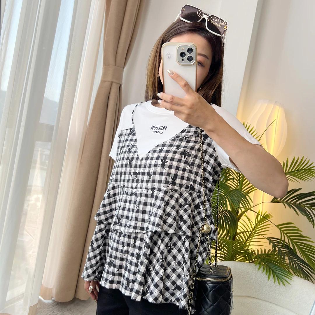 纤麦千鸟格黑白减龄女衫拼接宽松时尚气质小香风百搭假两件6256