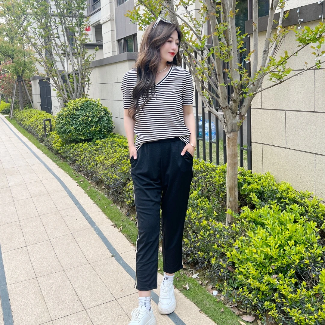 纤麦大码新款条纹T恤时尚休闲套装夏季显瘦气质短袖2321