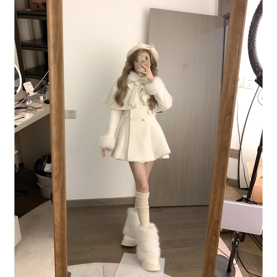 清【东京恋人】设计白色小香千金风蝴蝶结收腰斗篷大衣夹棉