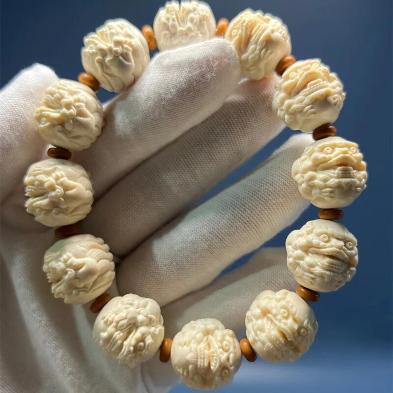 猛犸牙貔貅手串牙雕冰料满纹精品单圈手串玩文佛珠配饰批发 17mm/