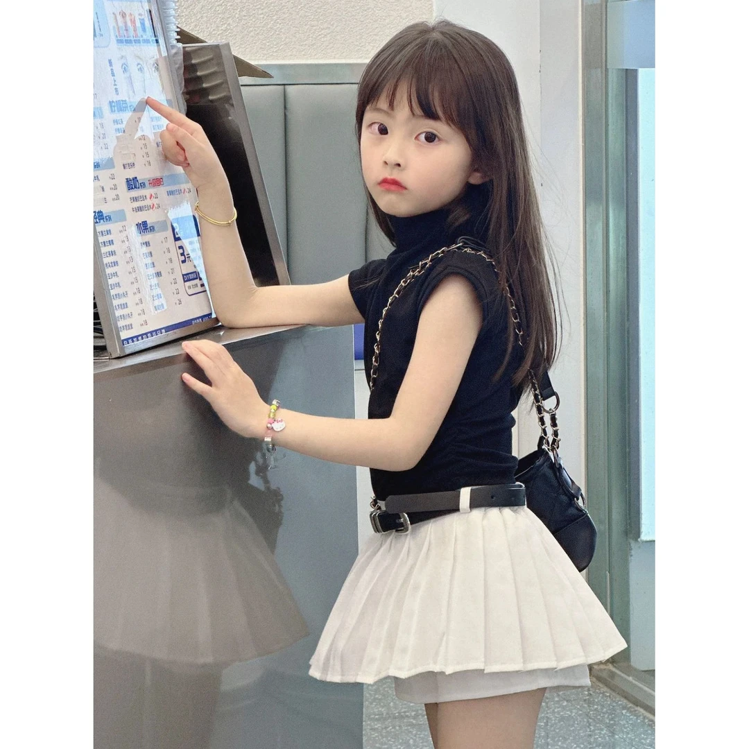 2024新款网红女童夏装白色小百褶裙T恤洋气小童套装韩国潮流洋气