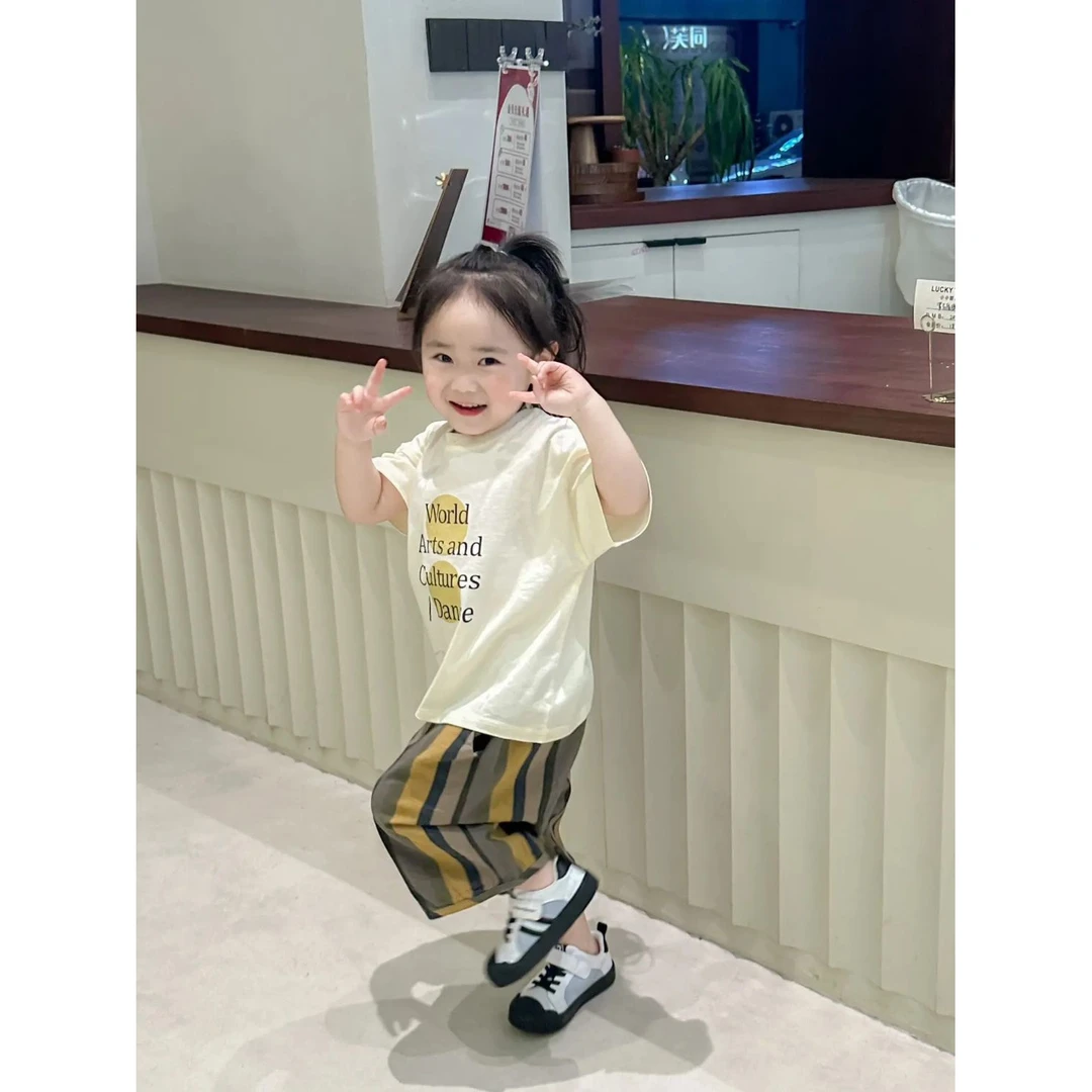 男童女童夏季套装印花短袖T恤条纹五分裤休闲洋气小童女宝儿童潮1