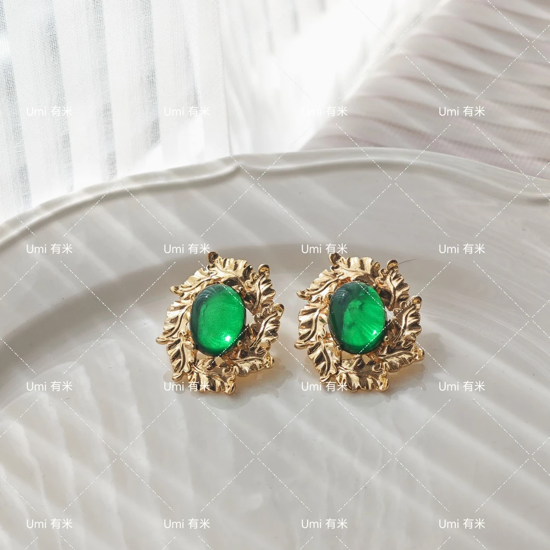 铜合金琉璃耳饰 法式复古宫廷金属叶子耳饰24027