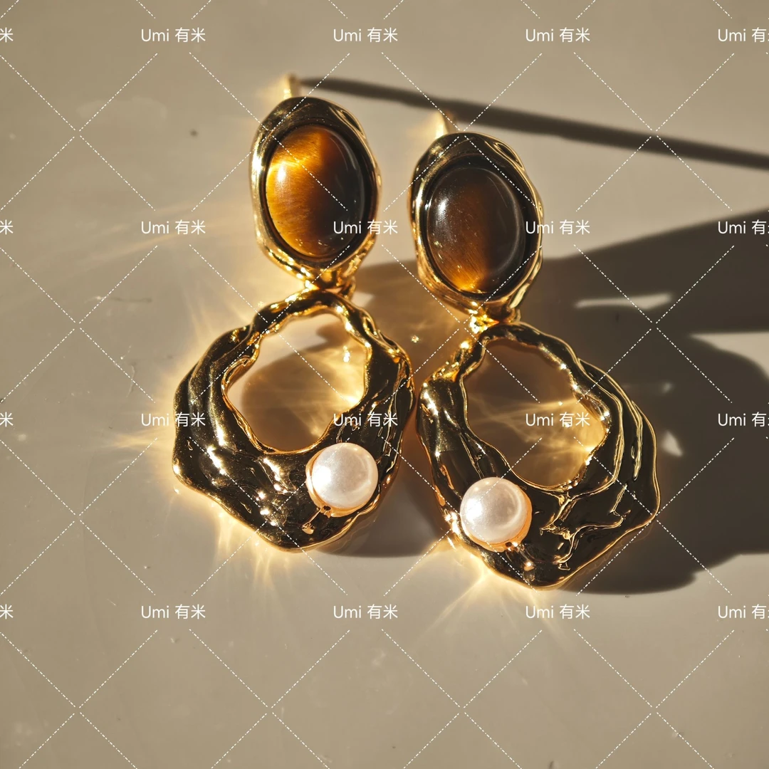 铜合金仿珍珠耳饰 法式复古虎眼石不规则小众耳饰24079