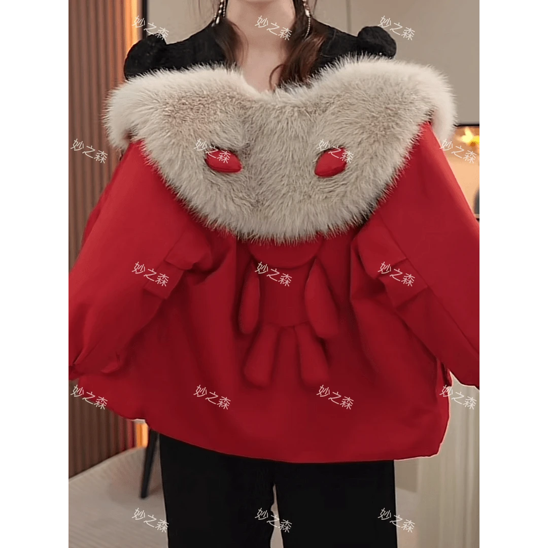 现货-女童装加绒派克服外套2024新款韩版秋冬红色加厚中长款保暖