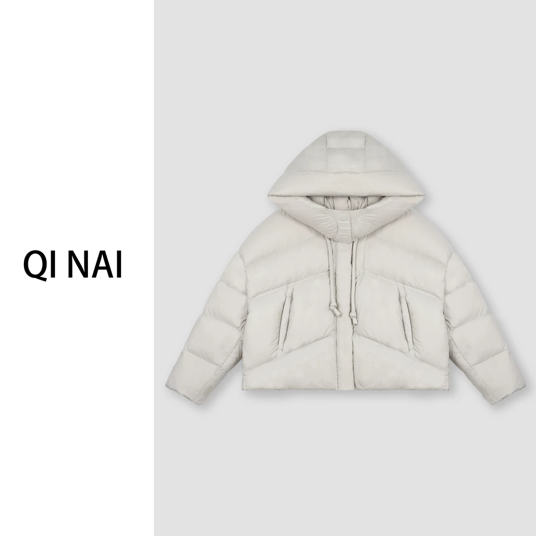 七奈推荐 【暖柔】时尚气质纯色百搭连帽白鸭绒羽绒服QN12011