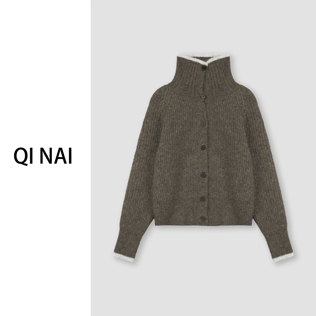 七奈推荐 【域苏】时尚宽松软糯撞色高领针织开衫上衣QN12069