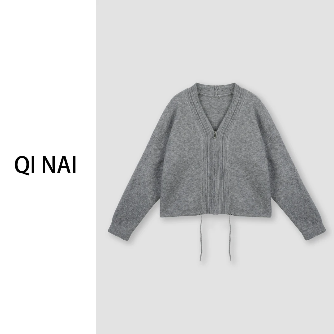 七奈推荐【沉淀】日系复古软糯V领拉链短款别致针织衫毛衣 QN12087