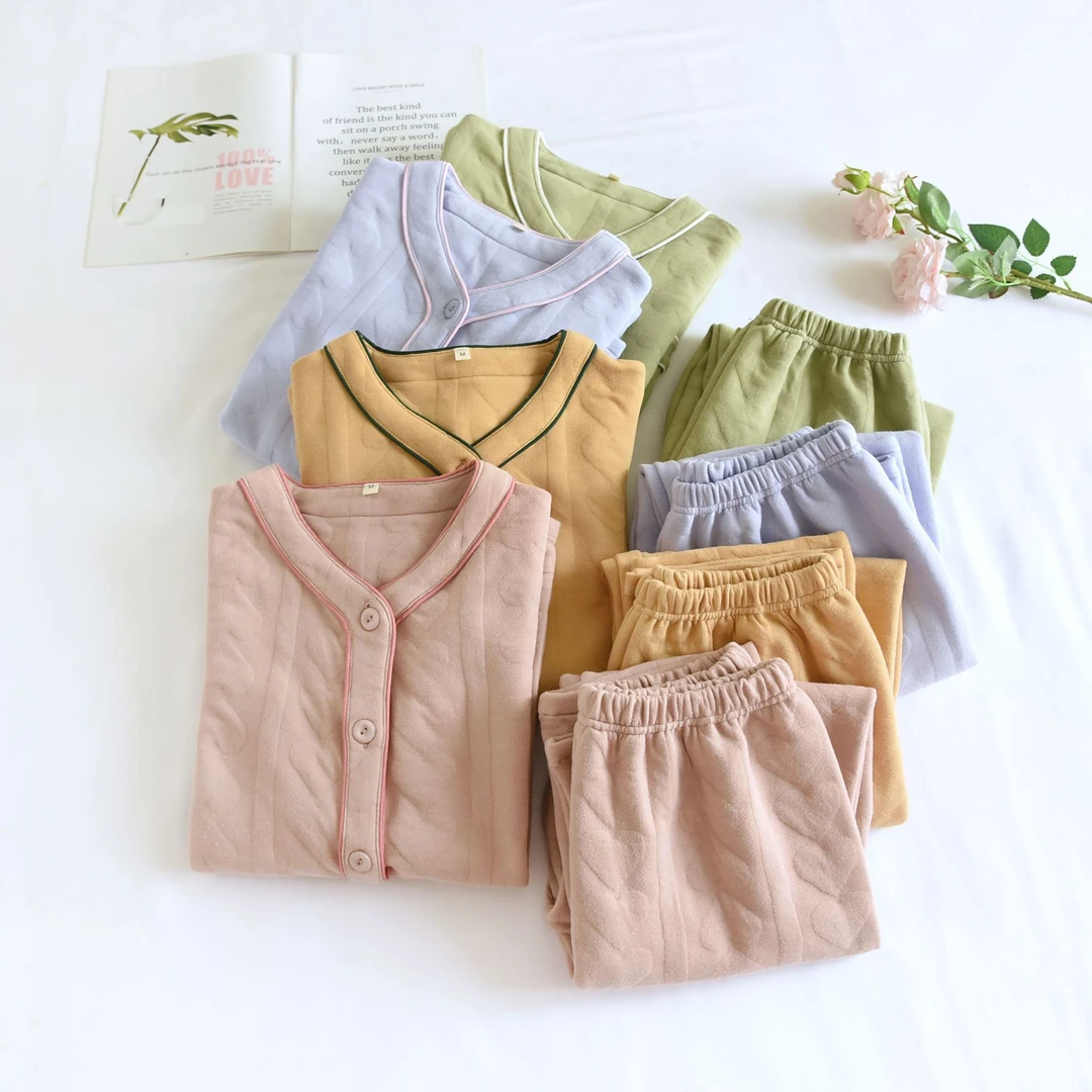 秋冬新款夹棉睡衣中厚款桃心空气层女士家居服 纯色休闲长袖长裤