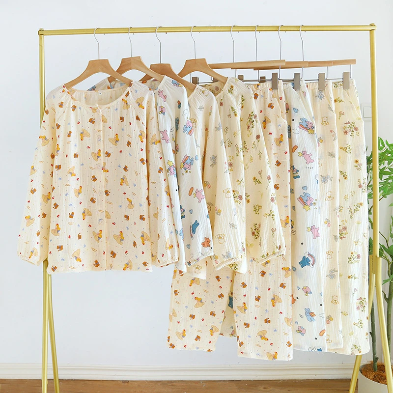 圆领开衫长袖长裤睡衣女春秋季新款甜美可爱卡通星球小熊休闲宽松