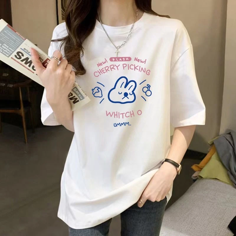 2024新款大版欧货宽松白色圆领短袖T恤女大码女装潮流洋气上衣ins