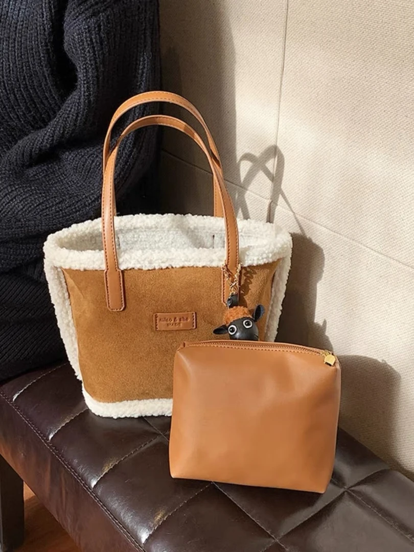冬季新款手提包托特包单肩包百搭毛绒包羊羔毛休闲复古小众简约