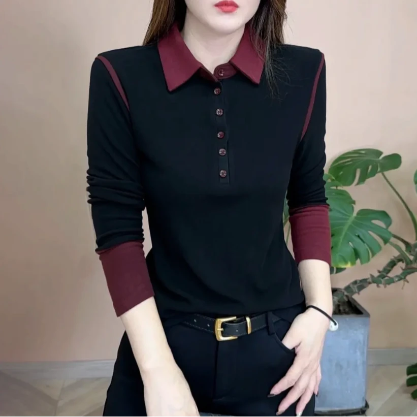 2024秋冬新品时尚翻领百搭气质修身显瘦个性POLO领打底衫女士上衣