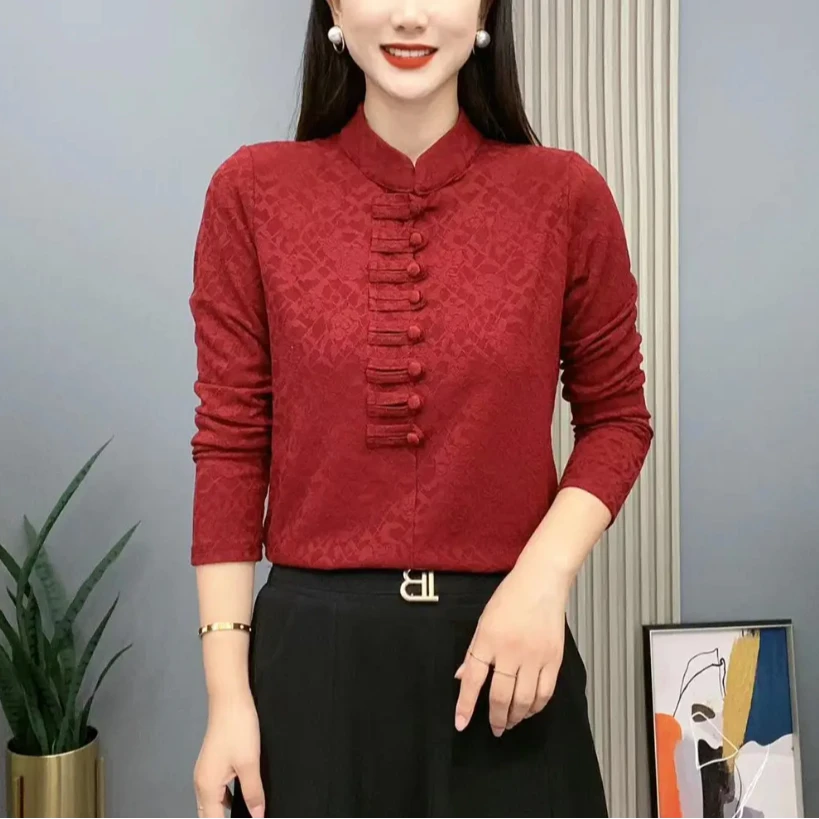 2024秋冬新款立领妈妈装提花长袖时尚新中式复古百搭显瘦打底衫