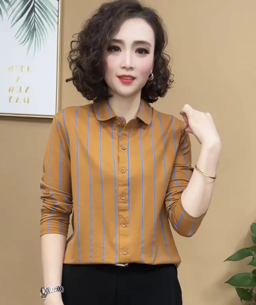 2024春秋新款百搭气质显瘦条纹洋气时尚女士长袖韩版打底衬衫