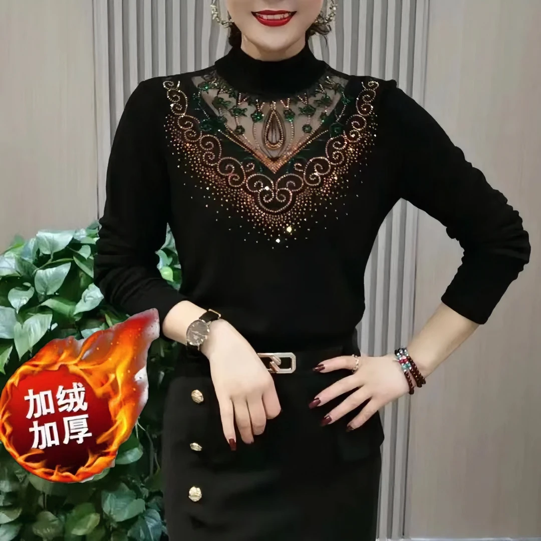 2024新款时尚加绒加厚烫钻镂空洋气半高领显瘦气质女士打底衫百搭