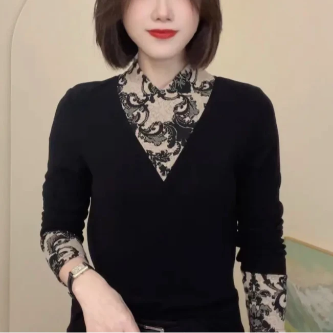 秋季新款假两件拼色长袖时尚休闲T恤设计感气质百搭女士修身小衫