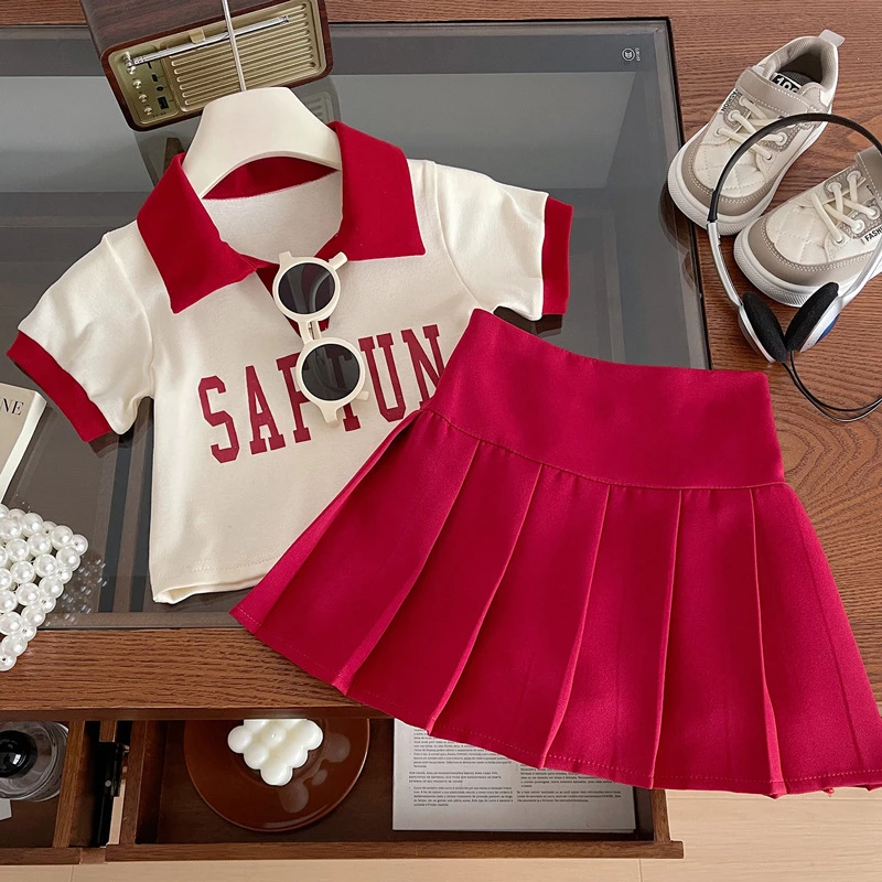 夏季短袖套装女童POLO衫字母印花童装2024款女宝百褶裙两件套潮
