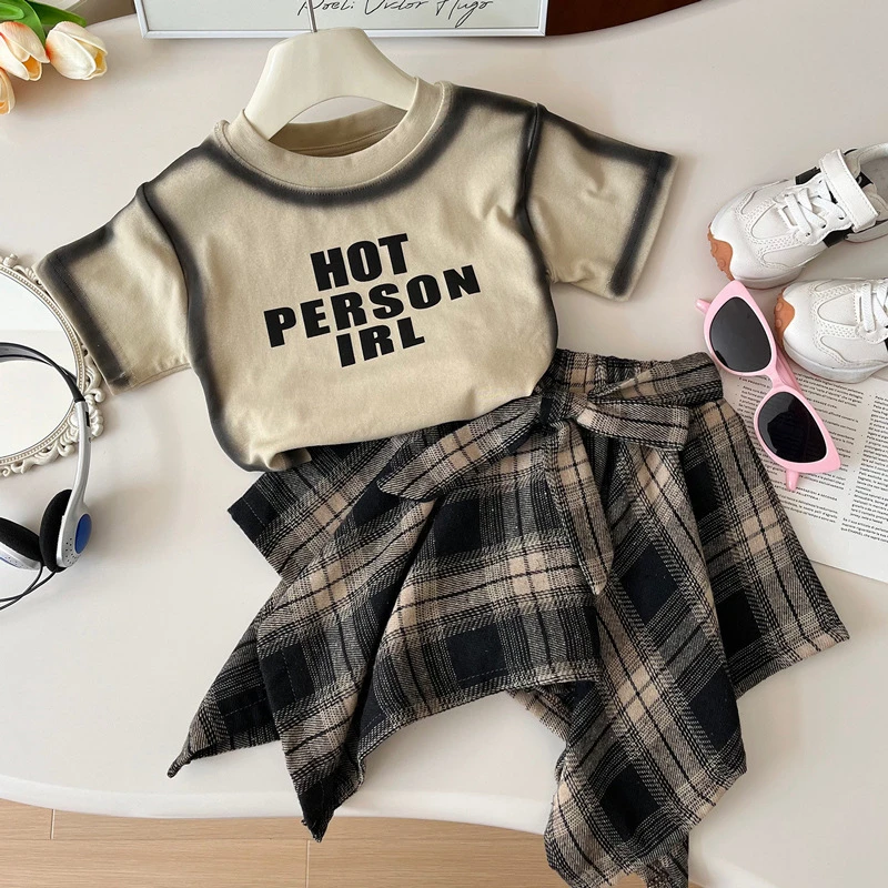 女童夏季套装洋气2024新款儿童洋气时髦短袖T恤格子裙裤两件套潮