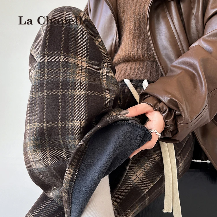 拉夏贝尔撞色加绒格子裤女秋冬慵懒拖地直筒裤高腰垂感毛呢阔腿裤