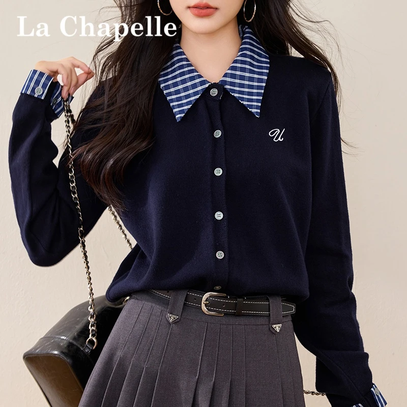 拉夏贝尔气质翻领格子拼接假两件针织衫韩系秋季休闲宽松开衫女