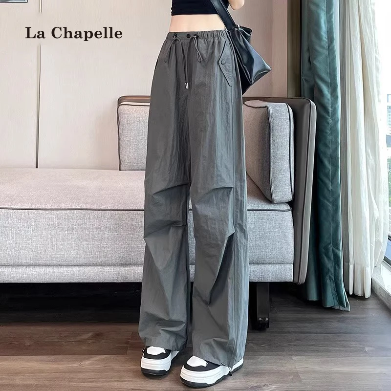 拉夏贝尔美式速干工装裤女2025夏季薄款褶皱束脚阔腿休闲运动裤