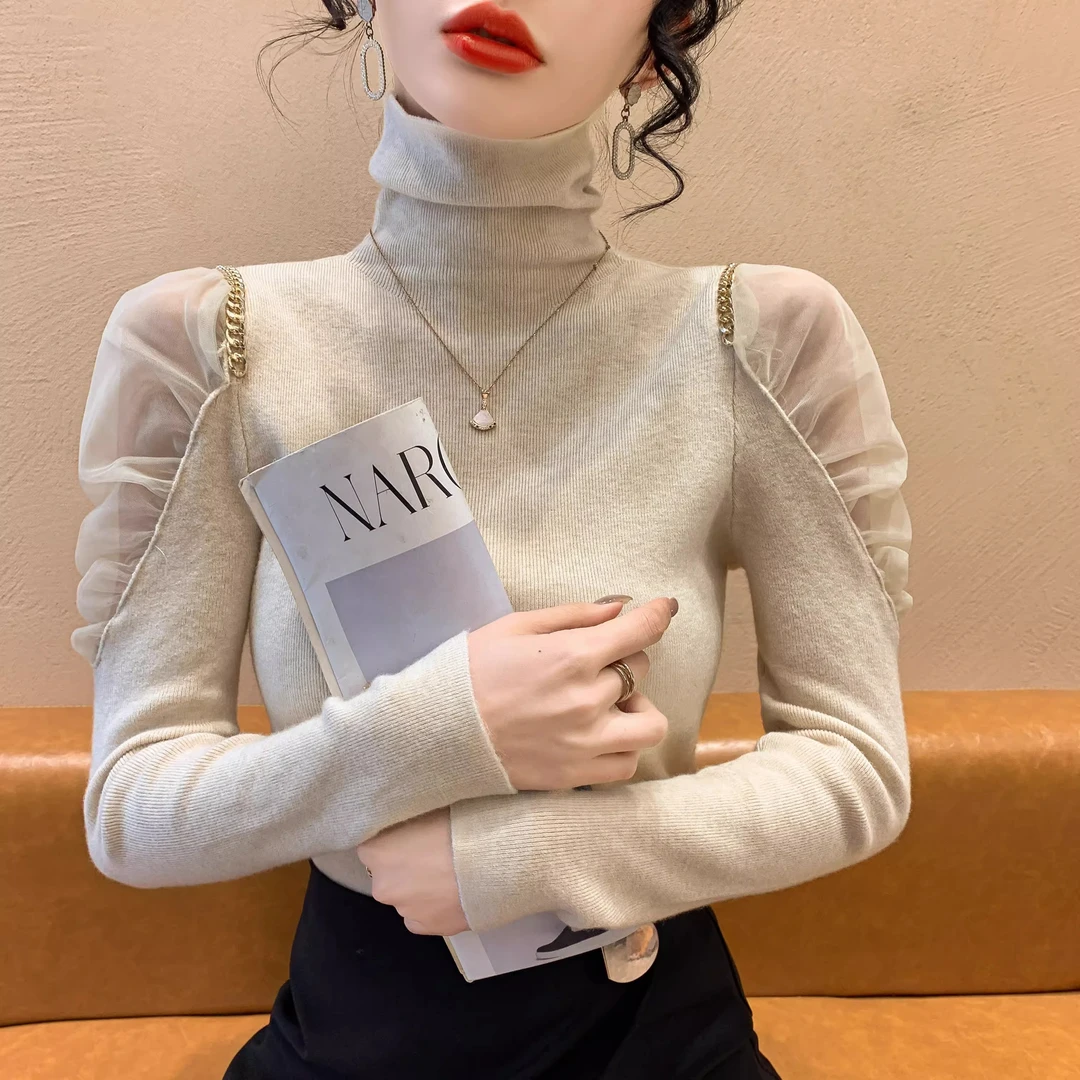 2025秋冬新款半高领洋气百搭减龄T恤法式气质小香风网纱拼接打底