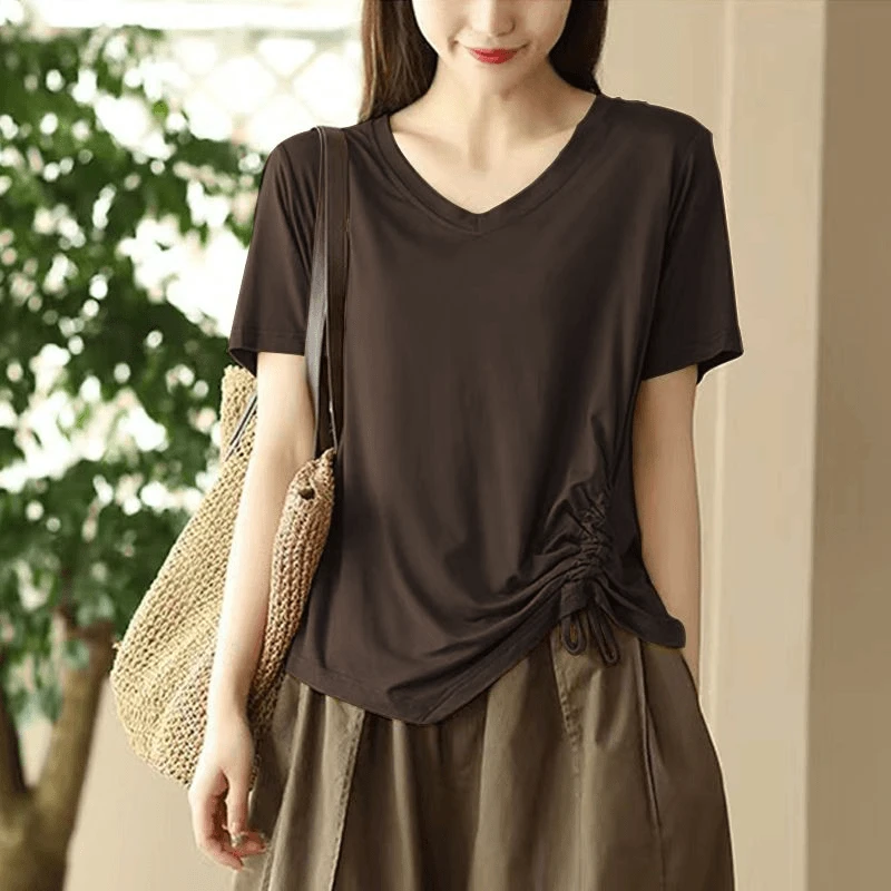 2025夏季鸡心领短袖T恤女新款褶皱弹力上衣大码宽松遮肚子体恤衫2