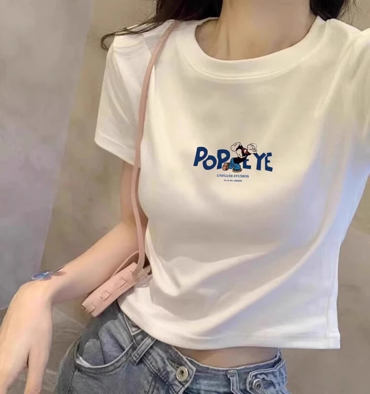 2025欧货白色短袖t恤女2025春夏季新款修身显瘦气质短款上衣体恤i