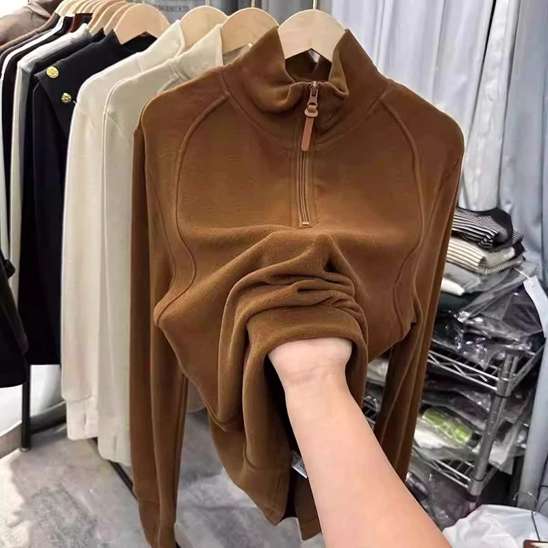 2025秋冬新款加厚德绒打底衫女半高领拉链内搭长袖T恤宽松显瘦上