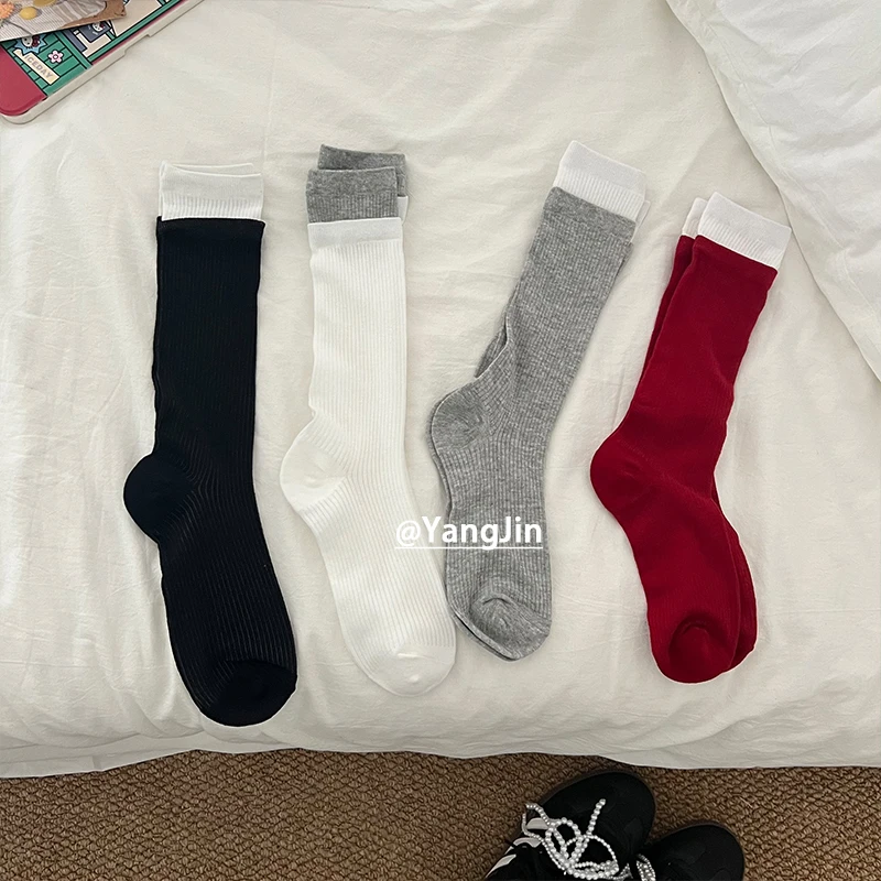 韩国博主同款ins风薄款双罗口拼色竖条女袜春夏季红色袜子堆堆袜