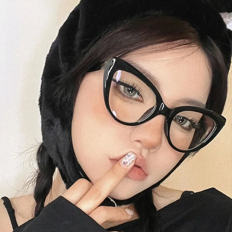 复古个性猫眼形黑框眼镜女潮复古防蓝光辐射凹造型拍照近视眼镜框