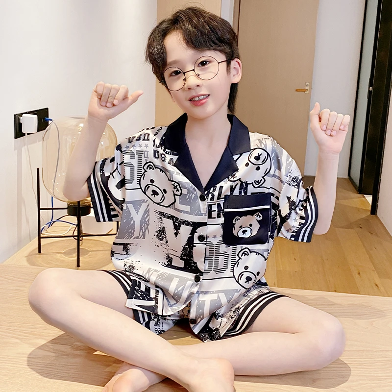 男童睡衣儿童夏季冰丝薄款短袖2025新款夏天青少年大童男孩家居服