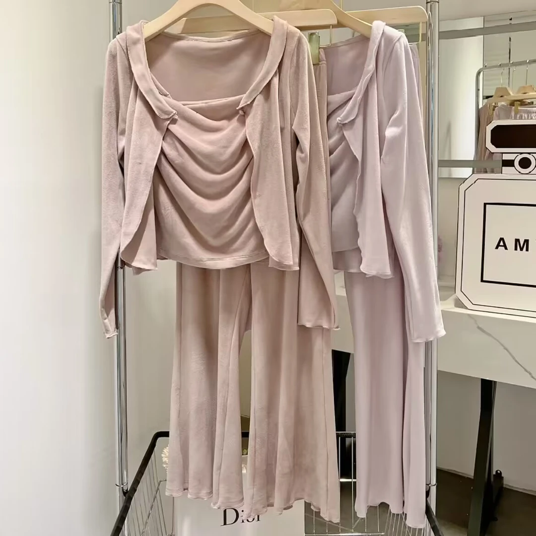 睡衣三件套带胸垫海岛绒纯欲风小个子性感薄绒舒适家居服冬季睡衣