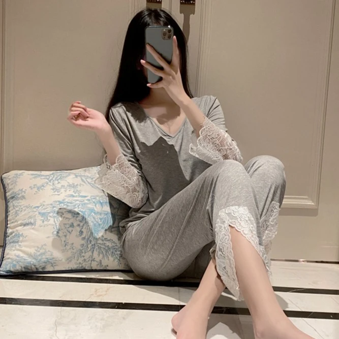 睡衣女秋冬款爆款2024新款蕾丝打底莫代尔带胸垫甜美性感家居服套
