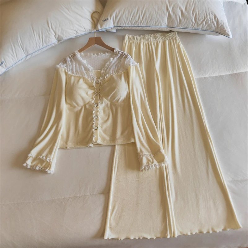 新款女士海岛绒睡衣女薄绒秋冬保暖蕾丝气质法式ins风家居服套装