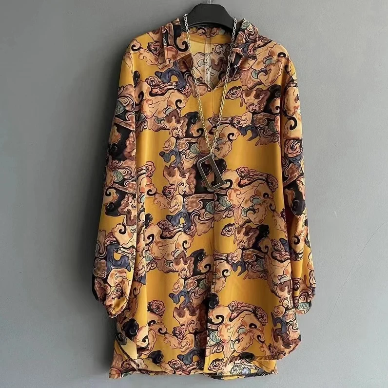 2023早春新款时尚大码洋气宽松长袖套头女装衬衫     黄祥云