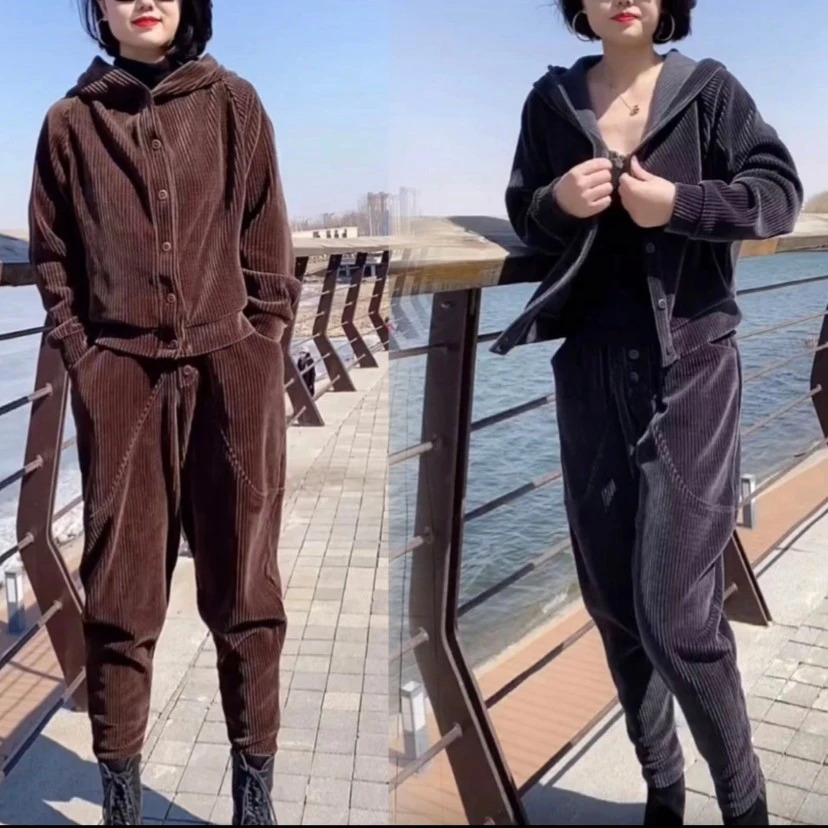 2023条绒套装新款宽松妈妈装连帽外套哈伦裤两件套潮时尚休闲加厚